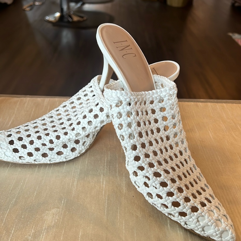 inc white, leather heel mules, never worn